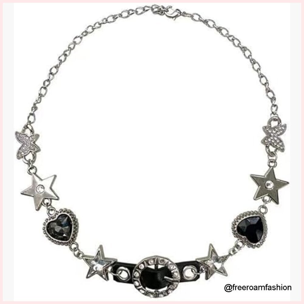 Minimalist Collar Chain Necklace with Heart and Star Charms, Alloy and Leather